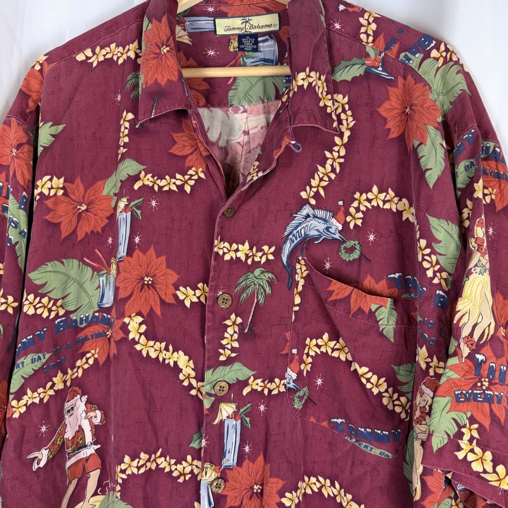 Tommy Bahama Mens XL Silk Christmas Shirt 2008 Surfing Santa Maroon Hawaiian